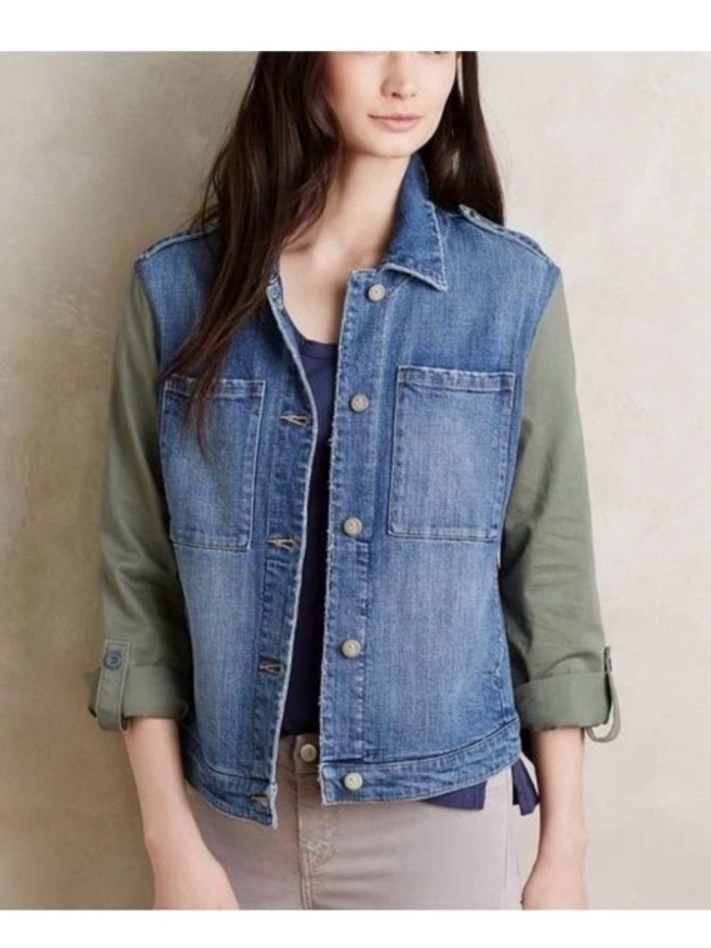 Pilcro and the Letterpress Military Mixed Denim Jacket Anthropologie Women’s L